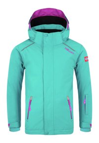 Türkise wasserdichte Jacke mit lila Akzenten, ausgestattet mit einem Reißverschluss vorne, zwei seitlichen Taschen und einer großen verstellbaren Kapuze.