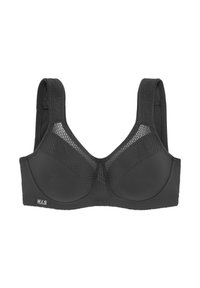 Schwarzer Sport-BH mit geformten Cups, breiten Mesh-Trägern und strukturiertem Design. Der Stoff ist weich mit einer glatten Oberfläche. H.I.S-Branding sichtbar.