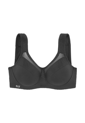 Schwarzer Sport-BH mit geformten Cups, breiten Mesh-Trägern und strukturiertem Design. Der Stoff ist weich mit einer glatten Oberfläche. H.I.S-Branding sichtbar.
