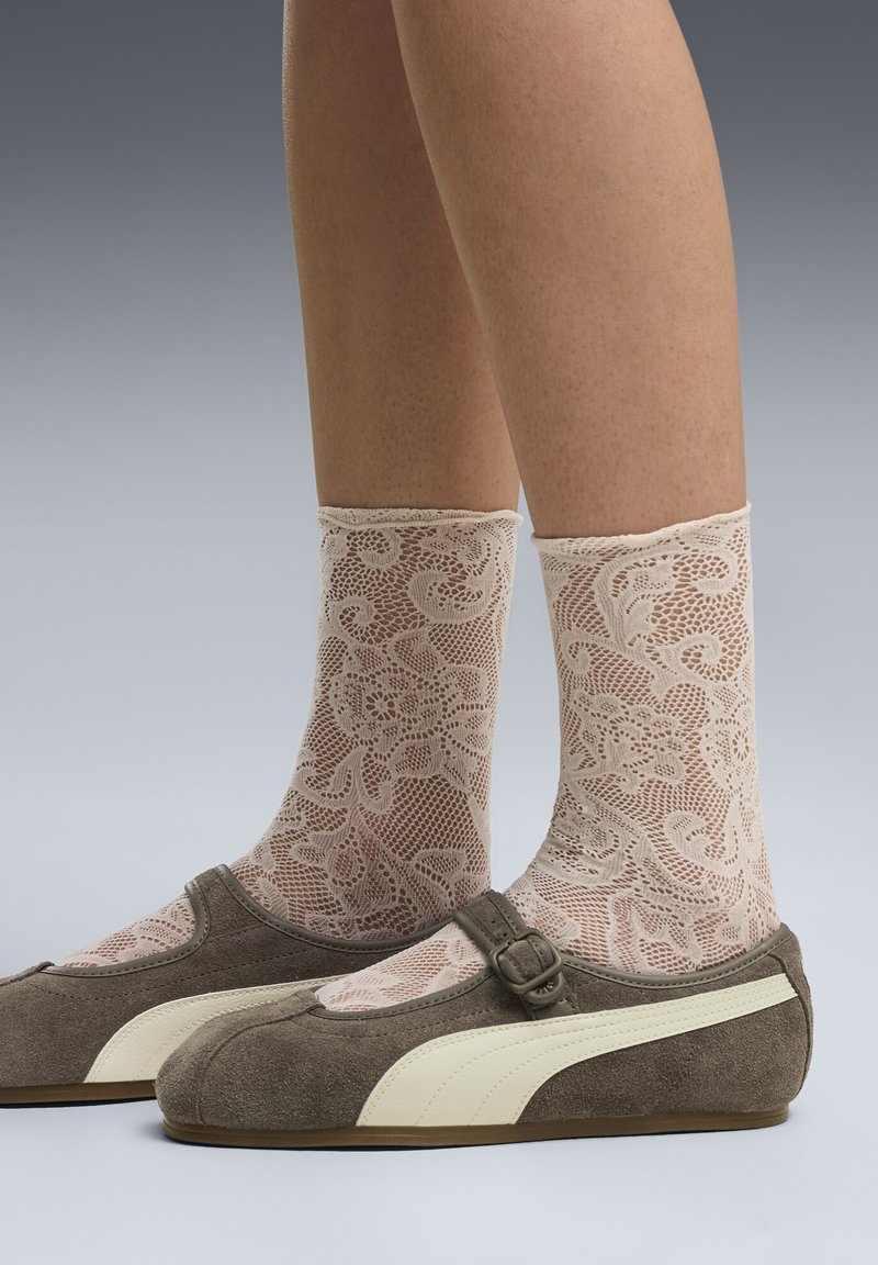 Jambes portant des chaussettes fines à motifs en dentelle associées à des chaussures style Mary Jane marron et crème avec une bride à boucle.