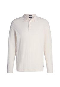 Langärmliges Polohemd in Creme mit strukturiertem Rautenmuster, klassischem Kragen, Knopfleiste mit drei Knöpfen und Logotag an der Seite.