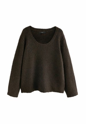 Brauner Strickpullover mit weitem Rundhalsausschnitt, langen Ärmeln und einem strukturierten, weichen Stoff. In einer lockeren Passform gefertigt.