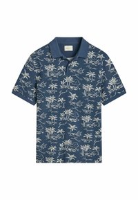 Korte mouwen polo shirt van marineblauwe stof met een wit palmboom- en oceaanpatroon, voorzien van een klassieke kraag en subtiele textuuraccenten.