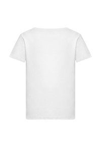 Hvid kortærmet t-shirt lavet af bomuld. Enkel design med rund hals og lige søm. Glat tekstur, ingen synlige mønstre eller accenter.