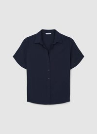 Blouse bleu marine à manches courtes, avec col, patte de boutonnage avant et coupe décontractée. Confectionnée dans un tissu lisse avec un léger éclat.
