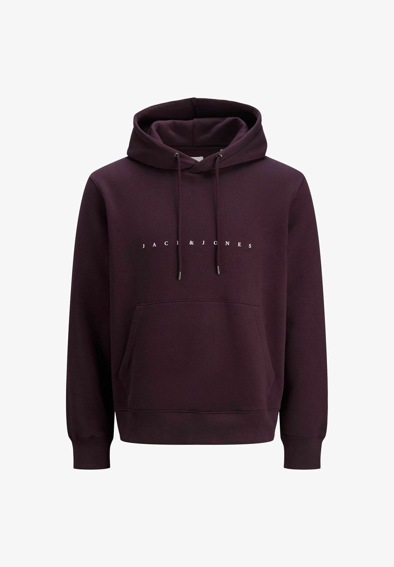 Sweat à capuche violet foncé avec poche avant et texte blanc "JACI & JONES" sur la poitrine, présenté sur fond blanc.