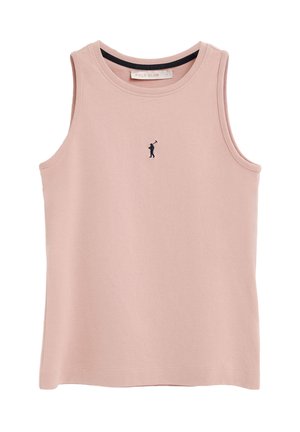 Canotta senza maniche in cotone rosa chiaro con scollo rotondo e piccolo logo nero del giocatore di polo al centro del petto.