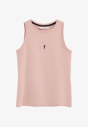 Canotta senza maniche in cotone rosa chiaro con scollo rotondo e piccolo logo nero del giocatore di polo al centro del petto.