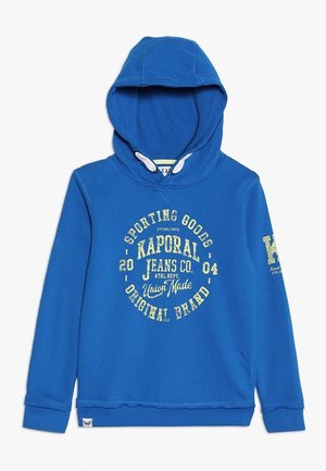 Niebieska bluza z kapturem o teksturowanym wykończeniu, z białym i żółtym nadrukiem na przodzie oraz detalami na mankietach.