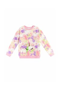 Bunt gemusterter Sweatshirt mit einem Batikmuster in Pink-, Lila- und Grüntönen; verfügt über ein Einhorn-Design, eine Tasche und pinkfarbene Bündchen.