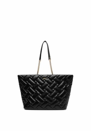 Schwarze gesteppte Tote-Bag mit goldener Kette und Lederhenkeln, mit einem gewebten Muster und einem kleinen MEXX-Logo auf der Vorderseite.