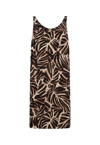 Ärmelloses Kleid auf einem hellen Hintergrund mit einem auffälligen, dunklen Blattmuster. Der Stoff hat eine glatte Textur und eine lässige Silhouette.