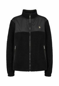 Veste polaire noire zippée avec tissu texturé, panneau supérieur lisse sur la poitrine, poches latérales zippées et petit logo brodé sur le côté gauche de la poitrine.