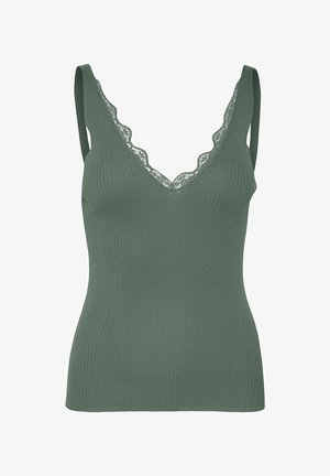 Top in maglia verde a costine con bordo in pizzo lungo la scollatura a V e spalline larghe.