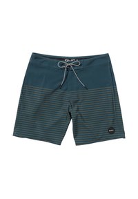Teal Badehosen mit horizontalen dunkelgoldenen Streifen, aus schnelltrocknendem Material, mit einem Kordelzugbund und einem runden Logo-Patch.