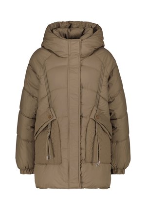 Gepolsterte Jacke in Olivgrün mit Kapuze, featuring diagonale gesteppte Paneele, Seitentaschen mit geflochtenen Details und verstellbaren Knebeln.