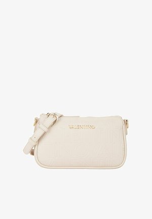 Sac bandoulière en cuir beige avec logo embossé, quincaillerie dorée, sangle réglable, fermeture éclair et texture lisse.