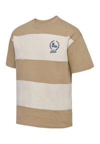Beige og creme-stribet T-shirt fremstillet af bomuld, med rund hals og broderet logo med tekst og grafiske detaljer.
