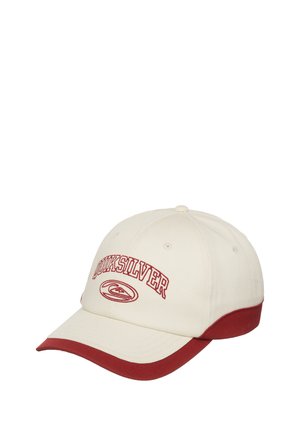 Beżowa bawełniana czapka z daszkiem z czerwonymi akcentami, z haftowanym logo "Quiksilver" na przodzie i zakrzywionym daszkiem.