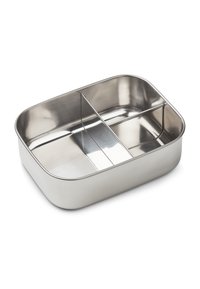 Lunch box in acciaio inossidabile di forma rettangolare, dotata di due divisori per la suddivisione, con una superficie liscia e lucida.