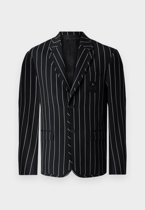 Must mustriibuline must blazer, mis sisaldab ühe nööbiga disaini, teravaid krae, kahte eesmist taskut ja dekoratiivset allerit rinnal.