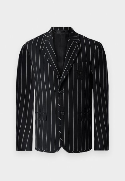 Black pinstriped blazer featuring a single-breasted design, peaked lapels, two front pockets, and a decorative patch on the chest.