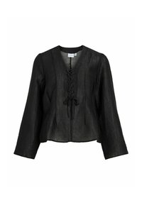 Svart bluse i lin med V-hals, lange ermer og dekorativ snøring foran. Teksturert stoff med løs passform og plissert design.