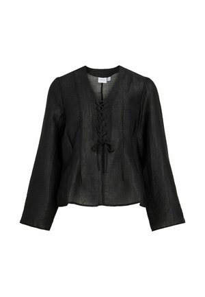 Svart linneskjorta med V-ringning, långa ärmar och dekorativ snörning framtill. Texturerat tyg med avslappnad passform och veckat mönster.