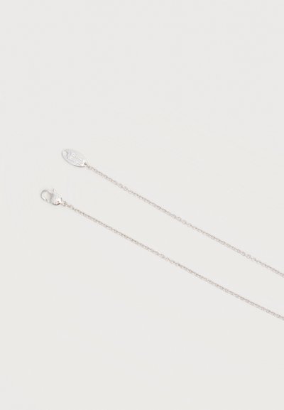 Delicate silver chain necklace with lobster clasp and small oval tag on light gray background.
