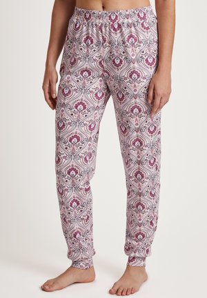 Lichte, gestreepte pyjamabroek in wit met roze en marineblauwe bloemenprint, voorzien van een elastische tailleband en taps toelopende boorden.