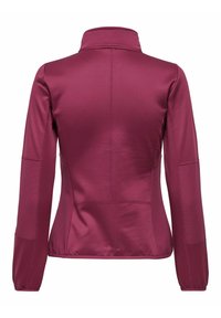 Dolga rebrasta športna jakna bordo barve z visokim ovratnikom in teksturiranimi paneli na rokavih ter straneh, prikazana od zadaj.