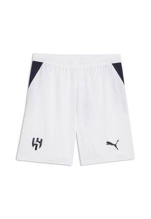 Weiße Sportshorts mit schwarzen Seitenpaneelen, elastischem Bund und schwarzen Puma- sowie persönlichen Logos auf den vorderen unteren Seiten.
