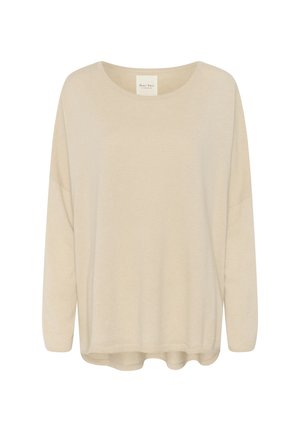 Pull en beige à manches longues en tissu doux, doté d'un décolleté large et d'une coupe décontractée avec un ourlet arrondi et des épaules tombantes.