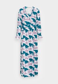 Vestido longo em estilo envolvente nas cores teal, rosa e com padrão abstrato em branco. Apresenta mangas longas com punhos em babado e uma cintura franzida.