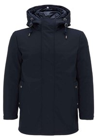 Veste d'hiver bleu marine à capuche avec cordons de réglage, poches frontales à boutons, et fermeture éclair frontale dissimulée avec patte pressionnée.