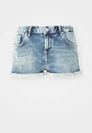Denim shorts in light blue wash, featuring rolled hems, five pockets, and distressed detailing for a casual look.