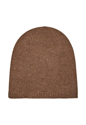 Brun strikket beanie-hat med en rund top, ribbet bund, glat overflade og ingen synlige logoer eller mønstre. Velegnet til afslappet brug.