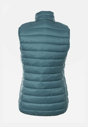 Chaleco acolchado en azul verdoso, con diseño de acolchado horizontal, cuello alto y textura de tela ligera. Sin mangas, acabado suave.