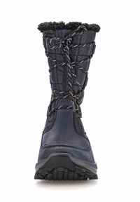 Marine winterboot met een gevoerde bovenkant, nepbont voering en contrasterende zwart-witte veters. Robuuste zool voor grip.