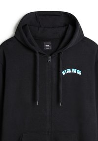 Czarna bluza rozpinana z materiału fleece, z turkusowym logo "VANS" na klatce piersiowej, z wiązaniem i podszytym kapturem.