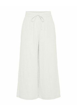 Jasnoszare spodnie o szerokich nogawkach wykonane z teksturowanej tkaniny, z elastycznym pasem i regulowanym sznurkiem.