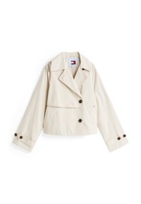Beige crop jacket dengan kerah notch, tombol depan, dan lengan panjang yang dilengkapi aksen tombol. Terbuat dari kain yang halus.