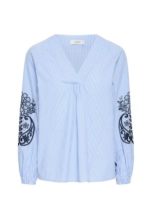Blauw-wit gestreept shirt met een v-hals, opgeblazen lange mouwen en zwarte bloemenborduring op de mouwen. Lichtgewicht stof, relaxte pasvorm.