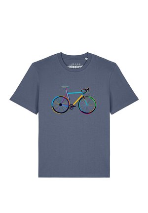 T-shirt gris foncé à manches courtes avec un graphique coloré et stylisé de vélo imprimé au centre de la poitrine.