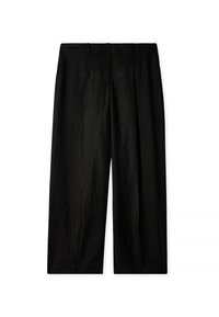 Črne lanene hlače s sproščenim krojem, ploščatim prednjim delom in zankami za pas. Tkanina ima fino teksturo in rahlo sijaj.