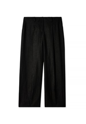 Sorte linnedragter med afslappet pasform, plisseret front og bæltestropper. Stoffet har en fin tekstur og en subtil glans.