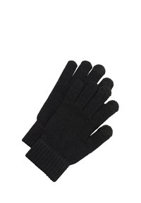 Guantes negros de punto con puño acanalado y puntas compatibles con pantalla táctil en el pulgar y el dedo índice. Textura suave y diseño ajustado.