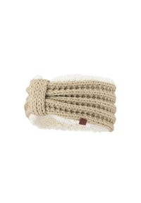 Beżowa opaska na głowę dziana z teksturowanym wzorem, podszyta białym futrem. Posiada małą brązową metkę z logo z boku.
