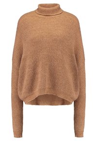 Brauner, gestrickter Pullover mit hohem Kragen, langen Ärmeln und einem lockeren, cropped Schnitt. Verfügt über einen strukturierten Stoff mit einem gerippten Muster.