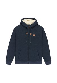 Námornícky modrá mikina na zips s krémovou fleecovou podšívkou, šnúrovacou kapucňou s koženými doplnkami, prednými vreckami a rebrovanými manžetami a lemom.